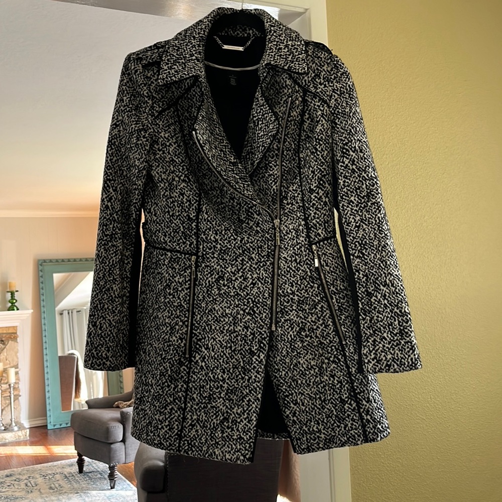 Black & White Tweed Coat with Moto style zippers, Size Small